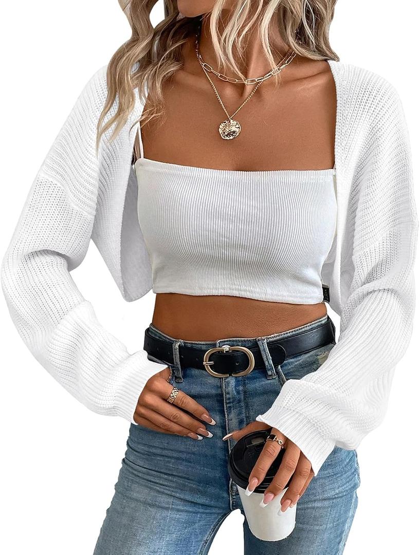 Women's Cardigan Shrugs Long Sleeve Knit Cropped Bolero Shrug Open Front Casual Cardigans for Dresses (White, S)
