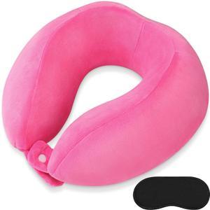 Neck Pillow Adjustable Memory Foam Travel Pillow Soft U Shaped Headrest Neck Support Pillows for Airplanes Sleeping Office Trains Cars Camping Use Rose Red