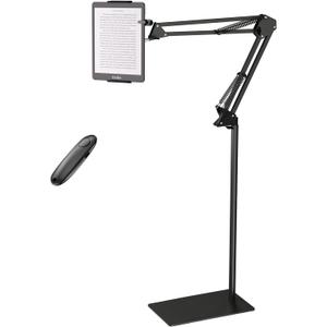Floor Kindle Stand Holder with Remote Page Turner, Bed Holder with Clicker for Reading, Kindle Accessories for 4.7-11.9 inch Devices (Black)