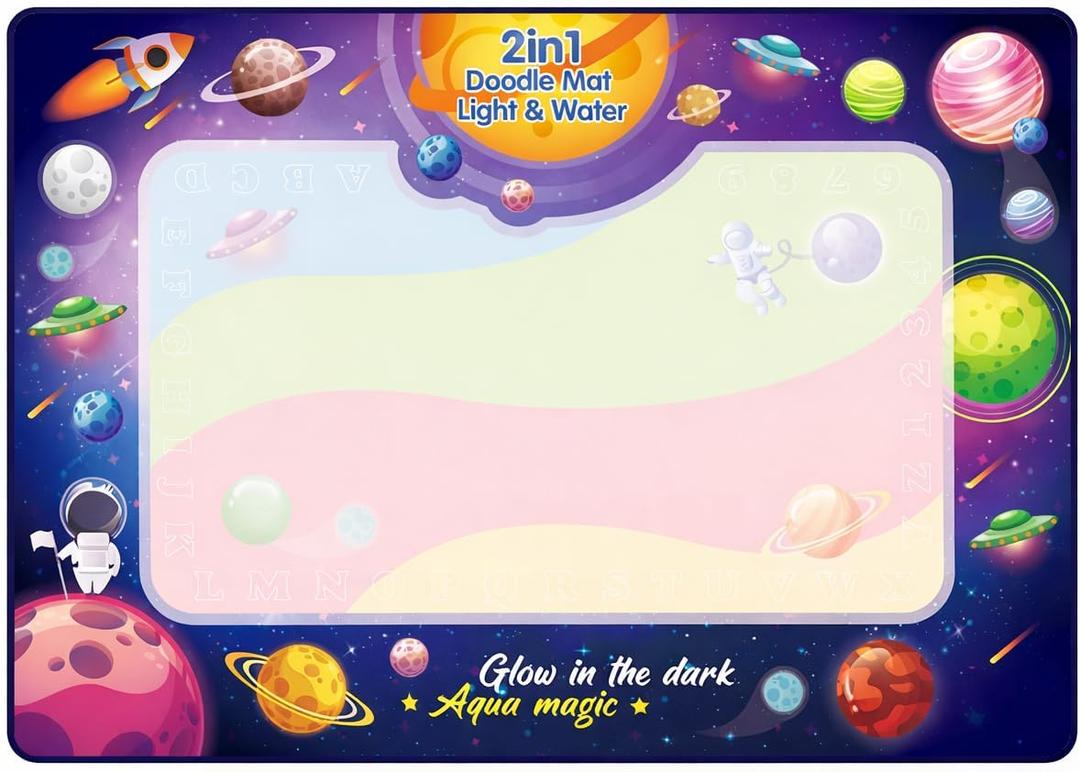 Water Doodle Mat for Kids – Mess Free Reusable Drawing & Writing Board, Neon Aqua Magic Coloring Mat, Educational Preschool Learning Toy for Toddlers Boys & Girls (Space)