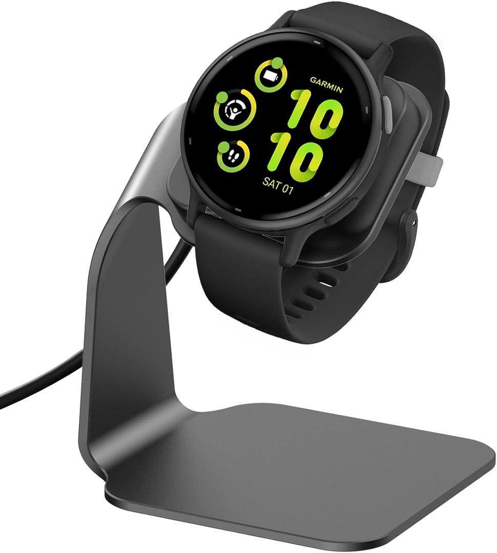 EZCO Charger Dock Compatible with Garmin Vivoactive 5 4 4S 3/3 Music/Venu Sq/Venu/Venu 3S 3 2S 2, Premium Aluminm Charging Cable Stand Base Station USB Date Syn for Fenix 7 7S 7X 6 5 Smartwatch (Black)