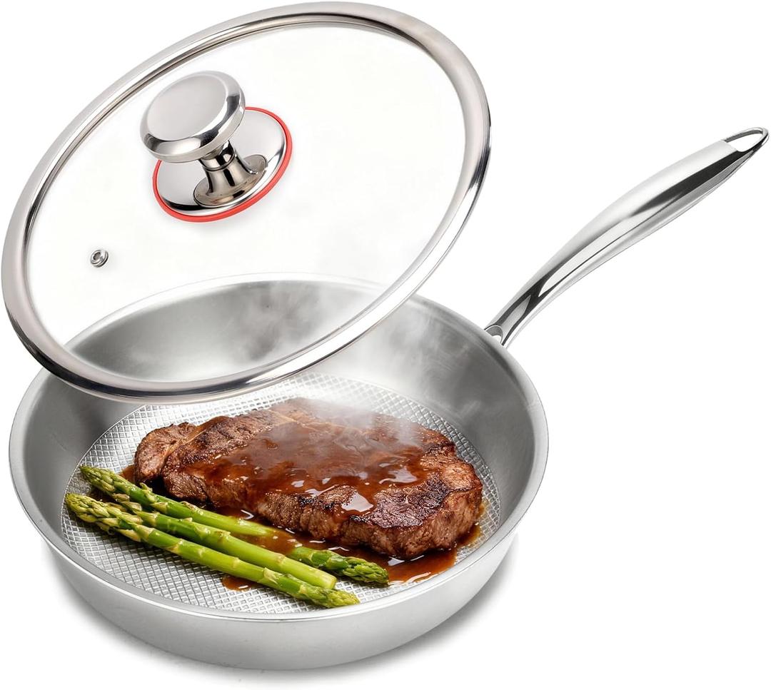 9.45 Inch Titanium Pans for Cooking,99.6% Titanium Frying Pan Healthy Non-Toxic Titanium Cookware with Lid for Even Heating, Induction Compatible Oven & Broiler Safe