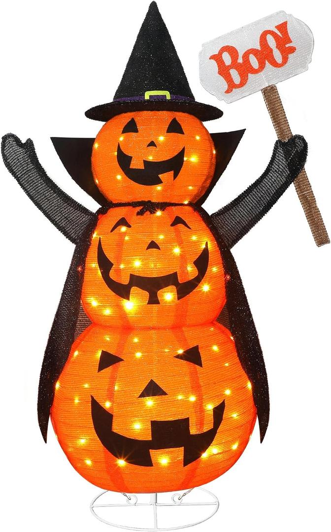 Halloween Decoration 4.3FT Retractable Jack-O-Lantern, 100 LED Collapsible Pumpkin Lantern with Black Star Hat, Plug in Halloween Lights with Stand for Indoor Outdoor Lawn Backyard Garden Decor