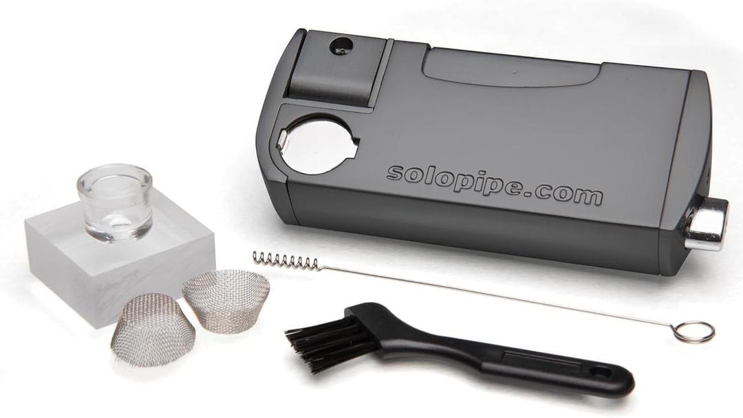 Solopipe Self Lighting Smoking Pipe with Glass Bowl & Refillable Lighter - One Handed Ignition & Adjustable Flame - Built In Glass Bowl Insert for Clean Flavor - Portable & Discreet - Gun Metal (Pack of 1)