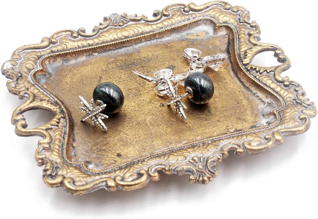 Funly mee Small Antique Trinket Dish Vintage Gold Metal Jewelry Tray, Ring Holder-5.3 x 3.5 x 1.2 inches