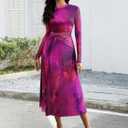 ECOWISH Long Sleeve Midi Formal Dress Women Fall Ruched Bodycon Party Cocktail Club Mesh Dresses Crewneck Floral Tie Dye Slit (S)