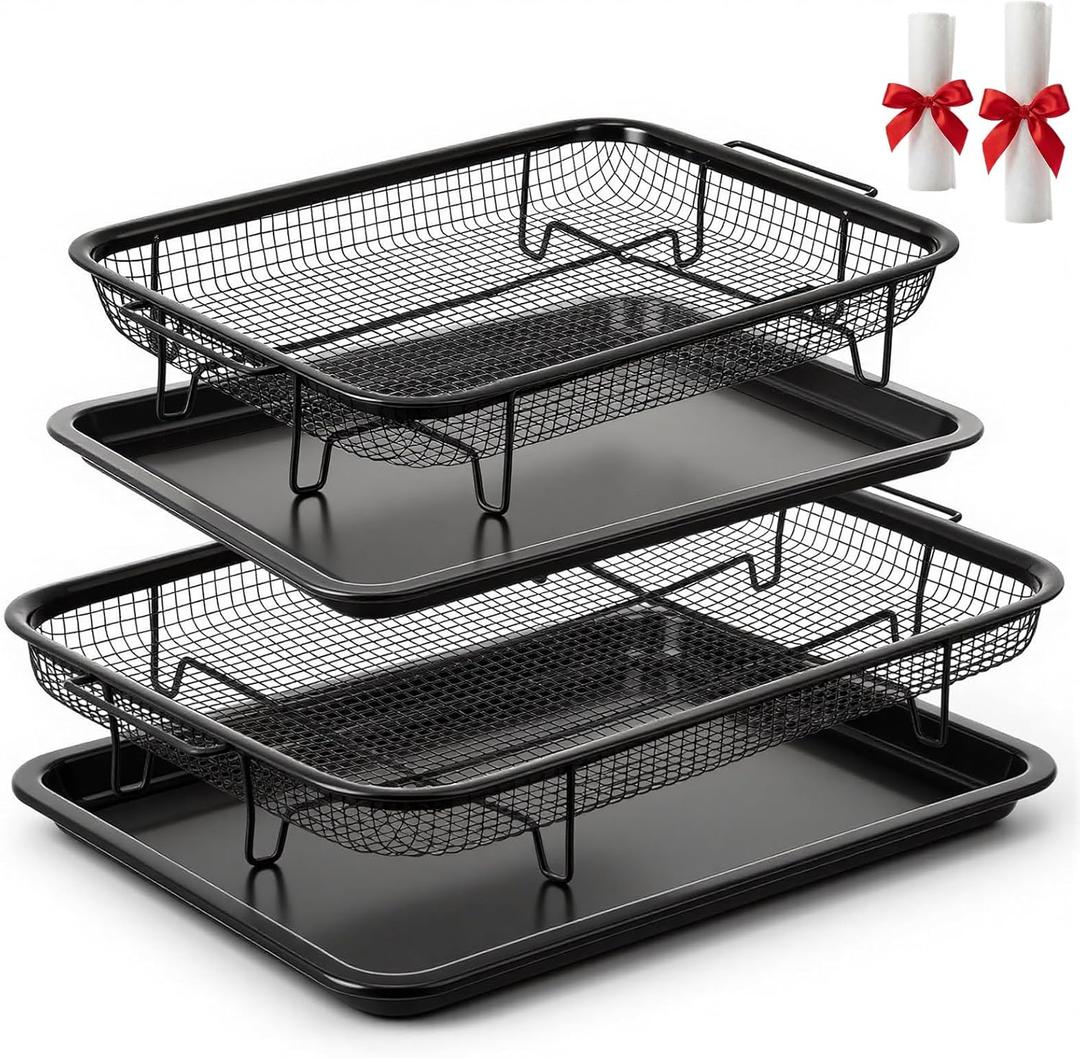 Ceenna Air Fryer Basket for Oven, 2 Set Air Fryer Basket and Tray Set with 60 Sheets Parchment Papers Stainless Steel Nonstick Pan and Crisper Tray Black Large 15“×11” & Medium12.8"×9.6"
