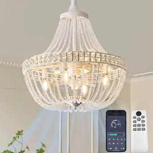 Vintage Empire Crystal Chandelier Fan with 64 Bead Strands, 7 Blades Invisible Fan, Remote/APP Controlled Ceiling Fan for Living Room, Bedroom, Dining Hall (White Gold, 20'' Rustic Style)