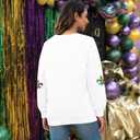 Womens Mardi Gras Shirt Stripes Fat Tuesday Tee Shirt Sequin New Orleans Carnival Party Long Sleeve Top (White, L)
