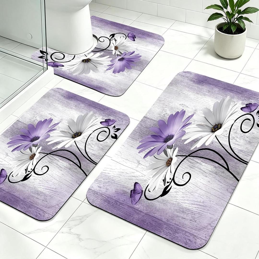 Onalasyc Bathroom Rug Sets 3 Piece,Purple Daisy Floral Butterfly Bath Mat, three sizes: small bath mat:23.62"L×16.93"W, large bath mat: 31.5"L×19.69"W, and u-shaped toilet mat: 19.69"L×23.62"W