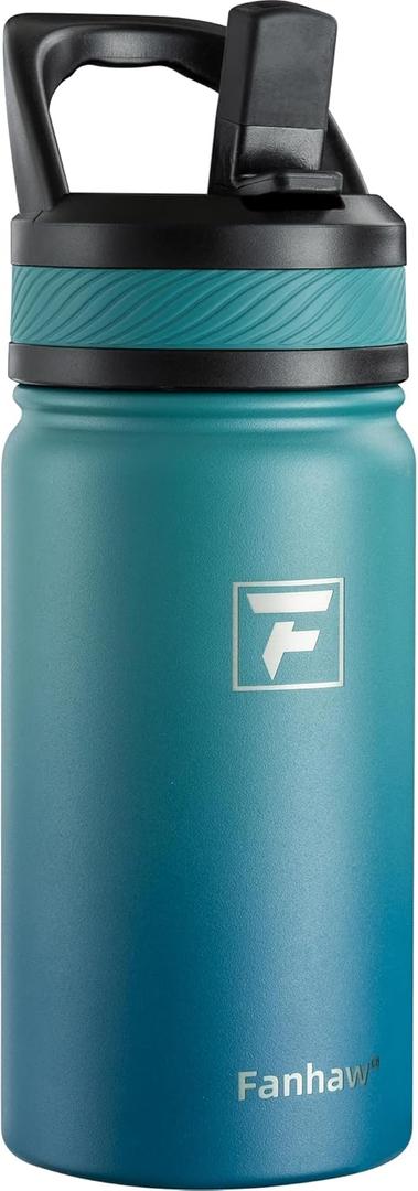 Fanhaw 14 Oz Kids Insulated Water Bottle with Straw Lid  Stainless Steel Double Wall Vacuum, Leak-Proof, BPA-Free Water Bottles for School Boys & Girls(Green Blue)