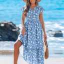 Women's Summer Floral Midi Dress Smocked Waist V Neck Ruffle Sleeve Boho Tiered Sundress Casual Beach Vacation Outfit (Blue, S)