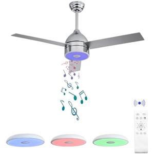 ASALL 52 Inch Plated Finish Ceiling Fan with RGB Dimming LED Light,with Music Bluetooth Speaker,Remote Control,3-Speed Regulation,Reversible Motor,Timing,for Living Room,Bedroom,Restaurant,Outdoor
