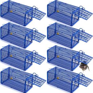 Qualirey 8 Pcs Humane Rat Trap Chipmunk Squirrel Cage Trap 4.33 x 4.33 x 9.06 Inches Foldable Rodent for Small Live Animal Voles Hamsters Catch and Release for Kitchen Yard Garage (Blue)