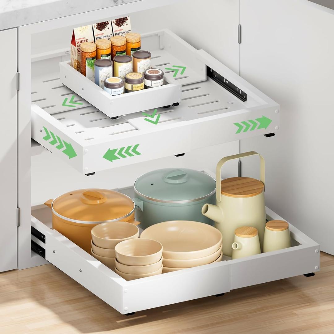 2 Pack Pull out Cabinet Organizer, Width (12"-19") Depth (17"-23"), with 3 Rails Adjustable Slide, Expandable Pullout Drawers for Cabinets, No Drill Adhesive Kitchen Drawers for Pantry Shelves (White)