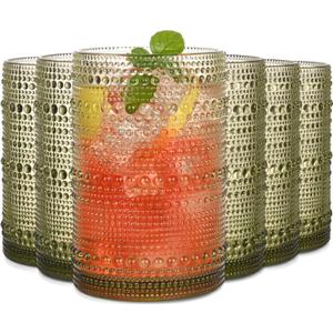 Green Hobnail Drinking Glasses Set of 6,15 oz Vintage Highball Glasses,Drinkware Kitchen Glasses for Cocktail,Iced Coffee,Beer,Ice Tea,Wine,Whiskey,Water