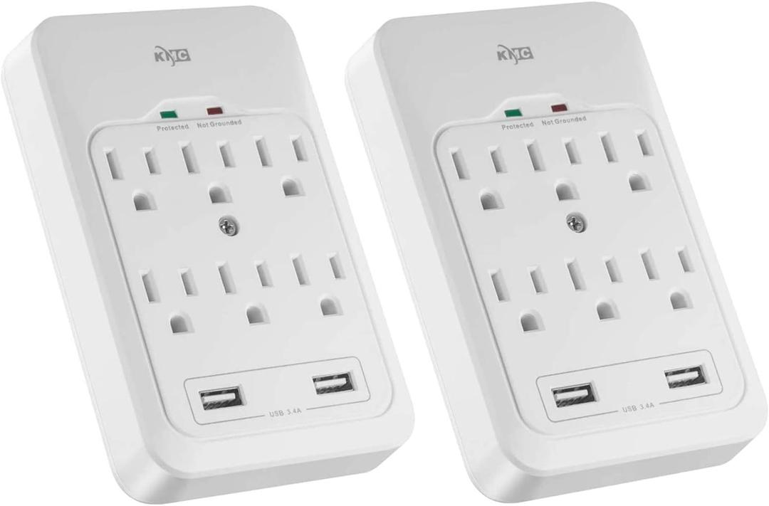 KMC 6-Outlet Surge Tap, 2 USB Ports (3.4A), 980 Joules Surge Protector, White (2 Pack)