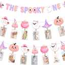 Balterever Halloween First Birthday Party Decorations for Girls Pink Halloween First Birthday Monthly Photo Banner with Clips the Spooky One Bday Banner for Little Boo Party Supplies 