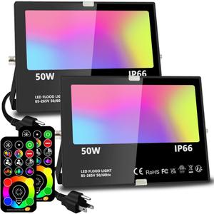 MELPO Led Flood Light 500W Equivalent, RGBW Led Outdoor Lights Colored Floodlight with Remote,50W,5000ML 2700K,120 Colors, Timing, Dimmable, Custom Modes, Landscape Lighting (2 Pack)