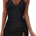 SUUKSESS Women Tummy Control Tankini Swimsuit Sexy Halter Bathing Suit 2 Piece (Medium, 147 Black)