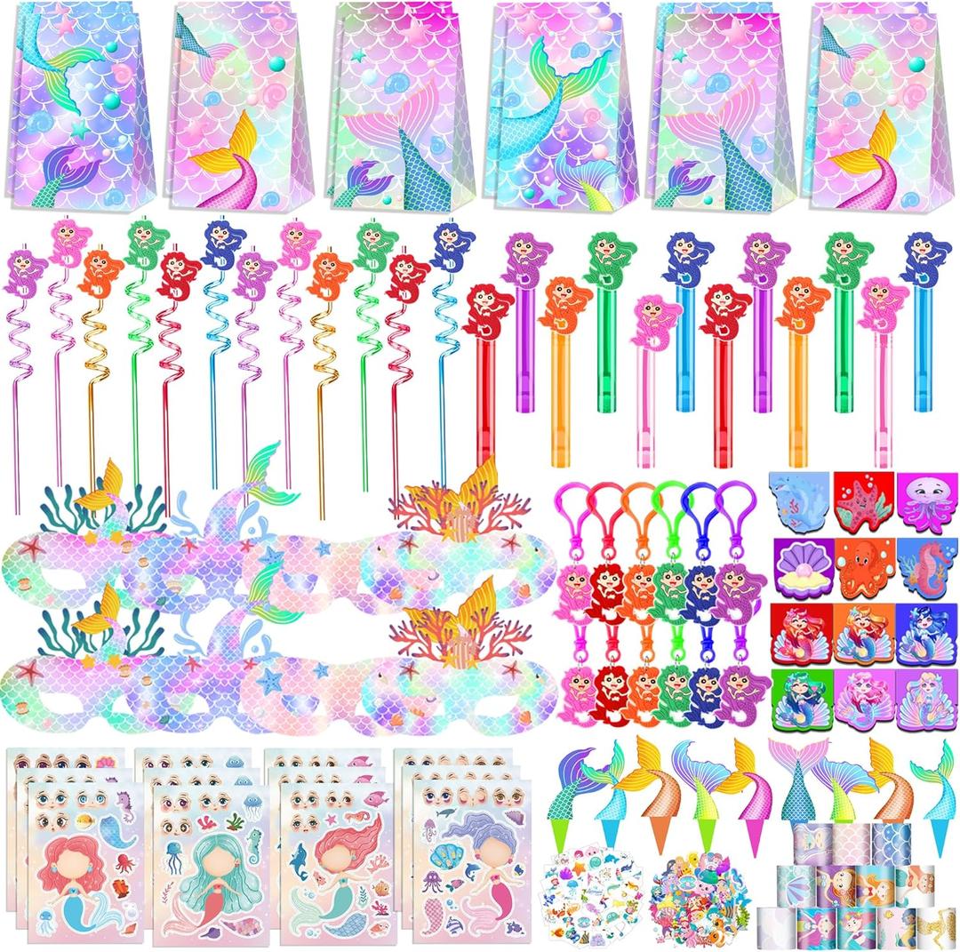 320PCS Mermaid Party Favors Birthday Decorations Supplies Kit with Goodie Bags, Bubble Wands, Straws, Masks, Stickers & More for 12 Guests