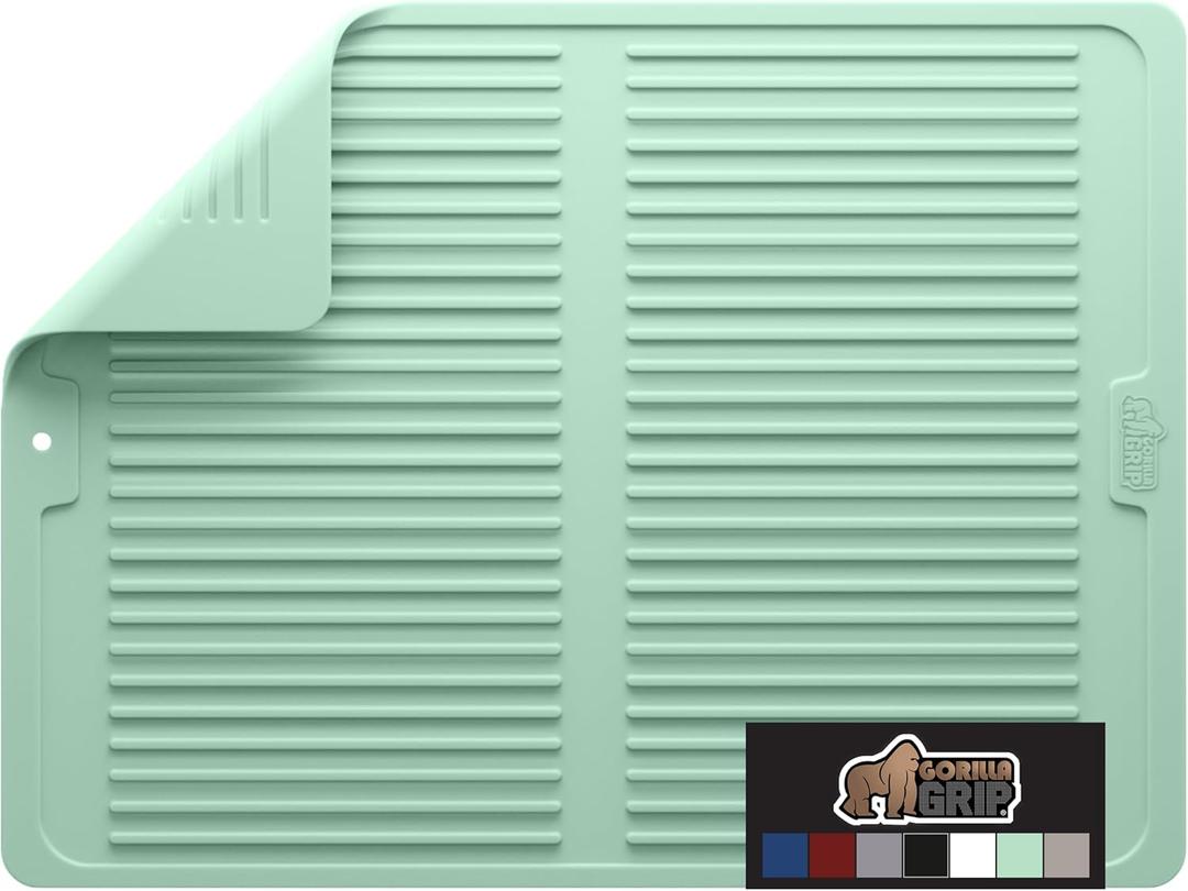 GORILLA GRIP 100% BPA-Free Patented Silicone Dish Drying Mat for Kitchen Counter, 18x24 Inch, Water Catching Ribbed Design, Easy Clean Waterproof Sink Liner, Heat Resistant, Fits Under Rack, Mint