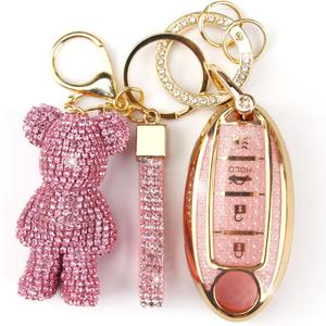 Cute Key Fob Cover with Rhinestone Bear Charm, Bling TPU Smart Key Case for Women, Compatible with Nissan Altima Murano Juke Sentra Rogue Pathfinder Titan Maxima Kicks (4-Button, Gold Pink)