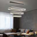 Modern Chandelier, 3 Layer Rectangle Pendant Light Fixtures, 3000K-6500K Dimmable Kitchen Island Chandelier, Adjustable Height Ceiling Hanging Led Light for Dining Room, Living Room, Foyer (Black light up&down)