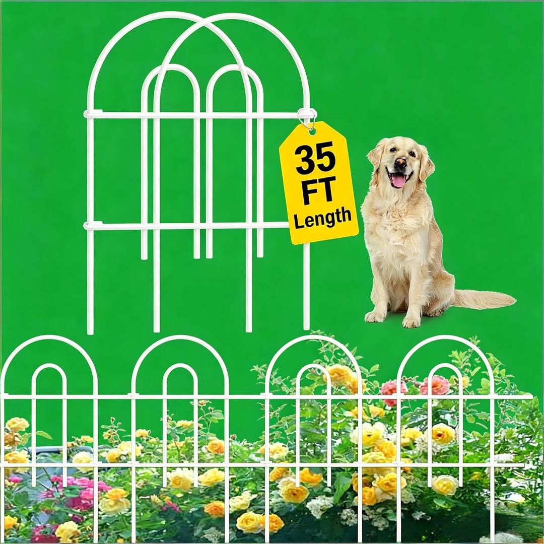 AMAGABELI 25 Panels 24in(H)35ft(L) Decorative Garden Fence No Dig Rustproof Metal Pre-Linking Fence Panels Garden Edging Border Animal Barrier Fencing for Flower Beds Yard Patio Outdoor Decor White