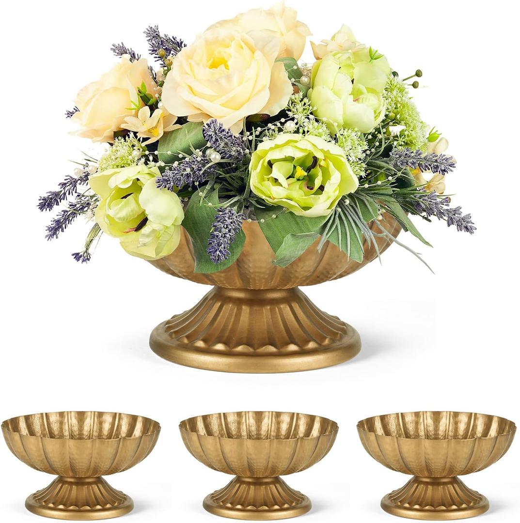 Set of 4, 7'' Wide 3.94'' High Distressed Gold Compote Pedestal Vases, Vintage Antique Urn Gold Flower vases for Centerpieces, Metal Compote Bowl Vase for Wedding Centerpieces