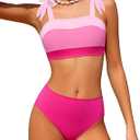 KANGKANG Girls Swimsuit Solid Color Block Adjustable Straps Teen Girl Bikini Set Kids Bathing Suits for Girls Size 7-16 (Pink)