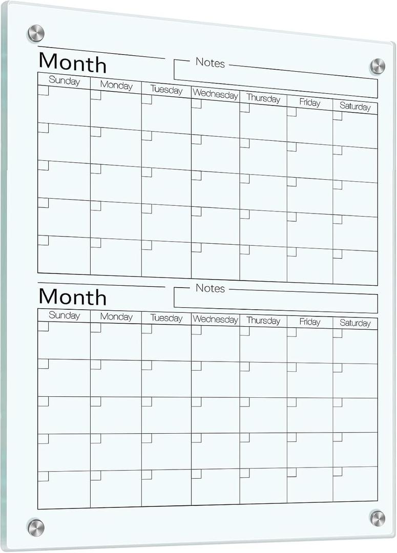 Glass Whiteboard Calendar Dry-Erase White Board Planner Glass Large Wall Mounted Calendar with Marker Tray for Wall Home or Office(Transparent,24" X 18",2 Month)