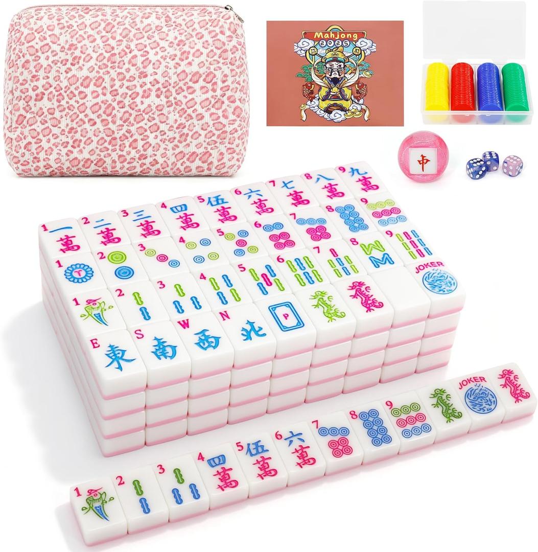 Jolitac American Mahjong Game Set, 166 Premium Tiles, 1.2-inch Mahjong Tile Set with Sturdy Carrying Bag, Thickened Mah-Jongg Tiles Bag Portable Travel Complete Mahjong Set (Pink)
