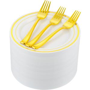 200pcs Gold Dessert Plates with Forks for 100 Guests-100pcs 7.5" Small Plastic Dessert Plates and 100pcs 7.4" Forks-Disposable Cake/Appetizer/Salad Plate for Wedding/Birthday/Party