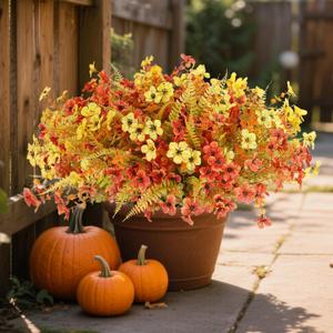 Fall Flowers Artificial for Decoration Outdoors,36Bundles Artificial Outdoors Plants Realistic Artificial Silk flower UV Resistant for outside Look Real Fake Plants Autum for Porch Window box planters (36PCS, Sunset Red yellowwith Fall Ferns)