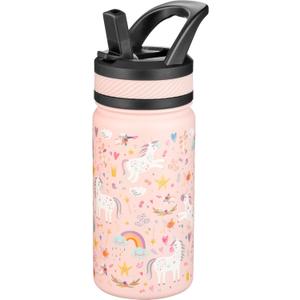 Fanhaw 14 Oz Kids Insulated Water Bottle with Straw - Stainless Steel Double Wall Vacuum Cup, Leakproof, BPA Free, Suitable for Boys and Girls(Pink - Unicorn Fields)
