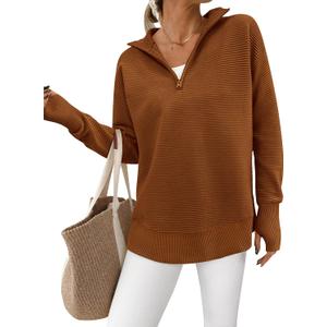 PRETTYGARDEN Womens Long Sleeve Quarter Zip Pullover Sweater Casual Loose V Neck Collared Ribbed Knit Jumper Tops Thumb Hole (XX-Large, Caramel)