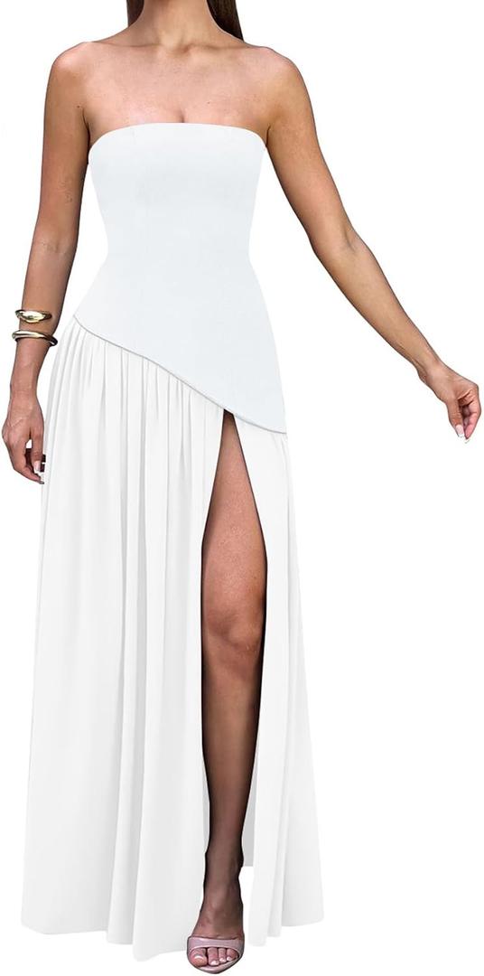 Memoriesea Women's Elegant Strapless High Split A Line Flowy Party Cocktail Maxi Dress (Small, White)