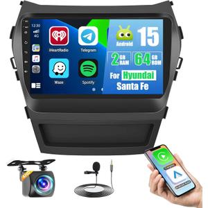 [2G+64G] Android 15 Car Radio Stereo for Hyundai Santa Fe 2013-2017 with Wireless Carplay Android Auto, 9 inch Touch Screen Radio Bluetooth WiFi GPS FM RDS EQ+Free AHD Backup Cam