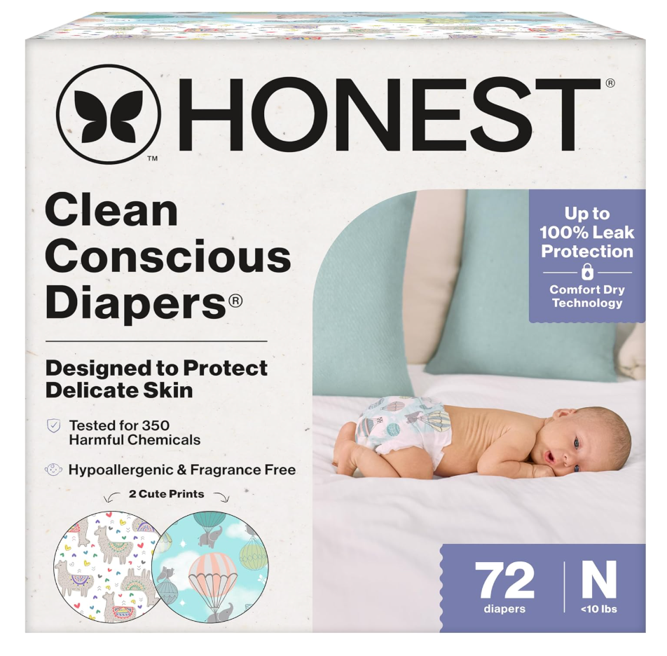 The Honest Company Comfort Dry Disposable Diapers for Sensitive Skin, Hypoallergenic, Above It All + All The Alpacas, Club Box Size Newborn 72 Count