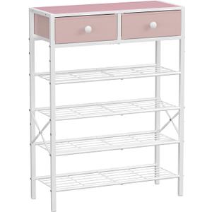 Shoe Rack for Entryway, 5 Tier Shoe Organizer with 2 Non-Woven Drawers, Metal Storage Shoe Shelf for 16-20 Pairs of Shoes, with Wooden Top and Steel Frame, Shoe Stand for Closet Pink