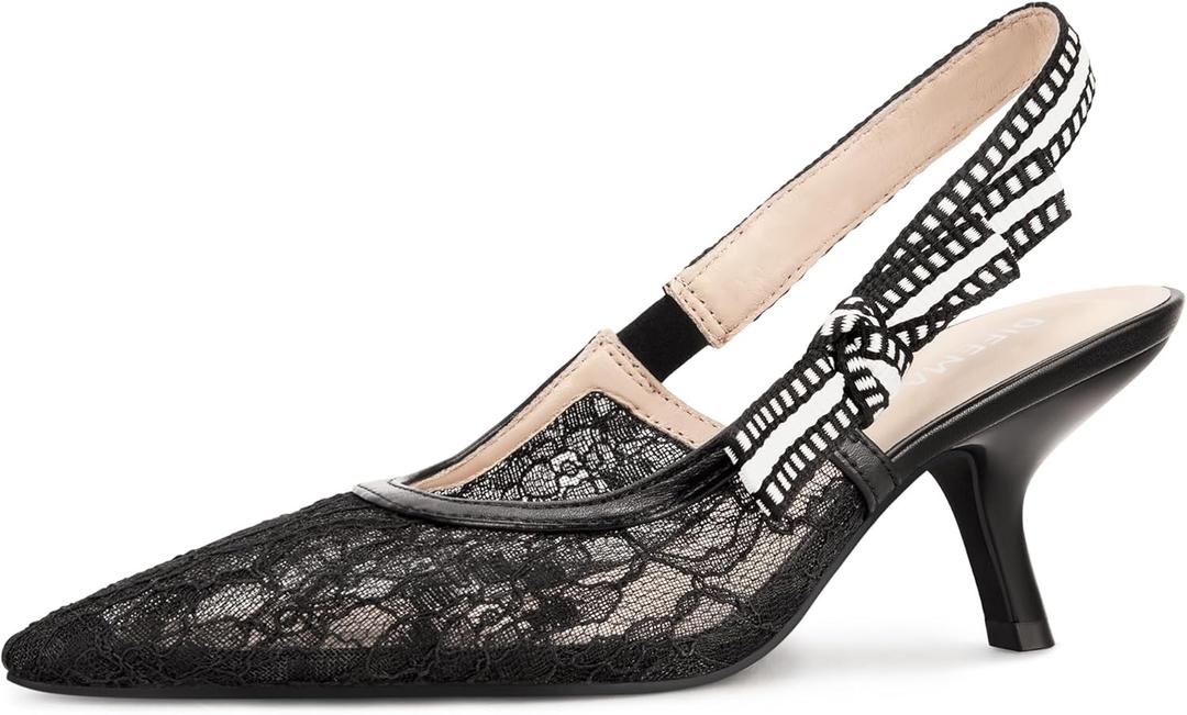 Womens Slingback Kitten Heels Closed Pointed Toe Bowknot Work Pumps Dress Shoes (9, Lace Black)