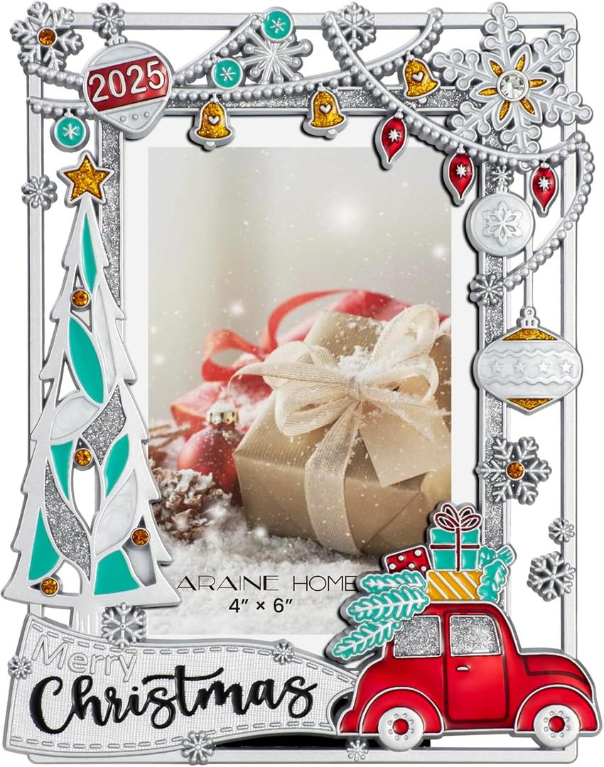 LARAINE Picture Photo Frame 4x6 Metal 2025 Christmas Red Car High Definition Display Pictures for Tabletop Home Decorative Holiday Gift, Silver