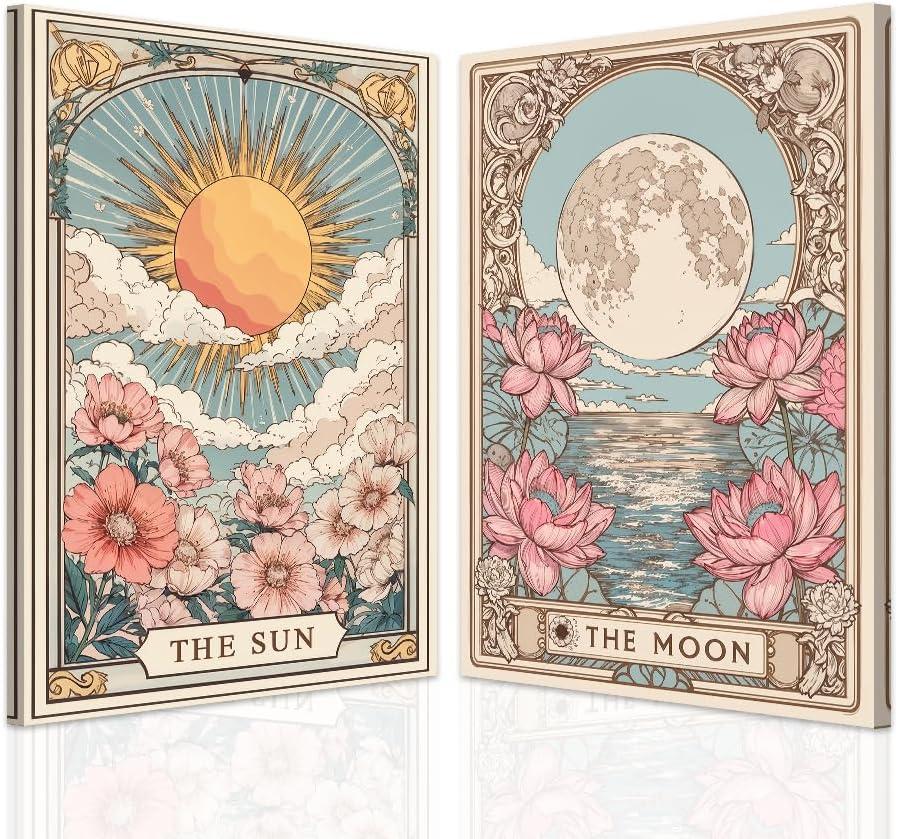 SWQYLB Sun Moon Wall Art Set of 2 Celestial Floral Wall Decor Tarot Canvas Painting Witchy Prints Artwork for Bedroom Home Decor Framed (16"x24"x2)