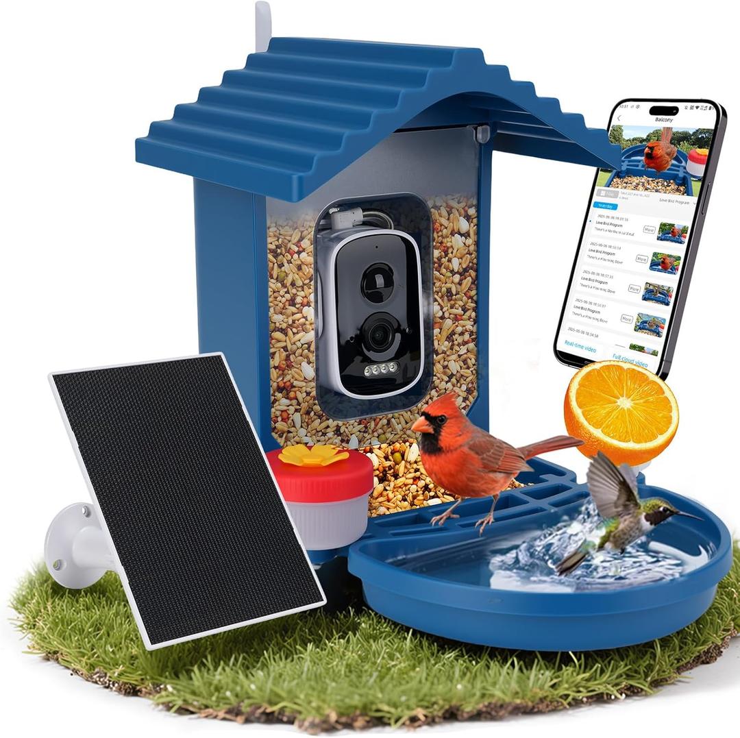 Bird Feeder with Camera Solar Powered,2.5K HD Video Bird House Live View, Smart AI Bird Species Identification for Outside Garden, Birds Bath, Ideal Gift for Birds Lover, Hummingbird (Blue)