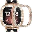 Stainless Steel Bands Compatible for Fitbit Versa 4/Fitbit Sense 2 Smartwatch With Bling Case Cover,Chic Leather Metal Wristband Accessories Strap for Women Bracelet (Rose Gold, Versa 3/Sense)