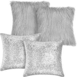 Irenare 4 Pcs Sequin and Fluffy Pillow Covers Winter Throw Pillow Cases Soft Cushion Cover for Couch Bed Sofa Xmas Day(18 x 18 Inch,Silver, Gray)