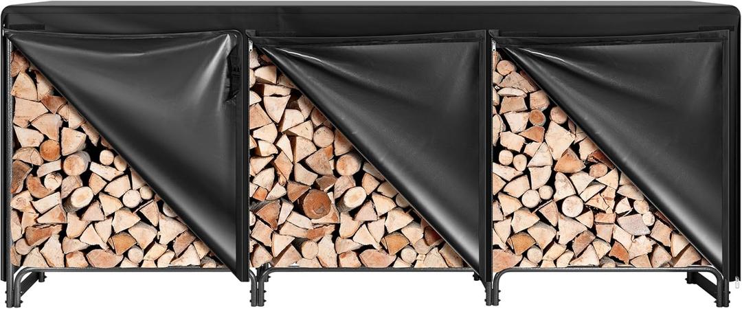 VIVOHOME 10 ft Heavy Duty Firewood Rack Outdoor with Cover, Fire Wood Storage Rack, Log Holder and Cover Combo Set with Zipper, Black