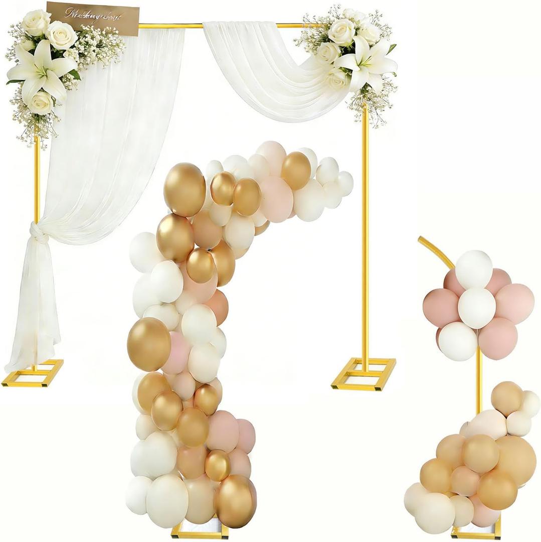 2-in-1 Dual-use Square Balloon Arch Stand Metal Wedding Backdrop Stand Party Birthday Bridal Baby Shower Flower and Floral Arch for Ceremony 6.6FT (Gold)