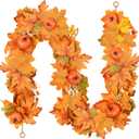 Palonu 6Ft Thanksgiving Artificial Fall Maple Leaves Garland, Hanging Fake Autumn Pumpkin with Berries Vine for Thanksgiving Halloween Fireplace Table Centerpiece Indoor Outdoor Party Home Decor (Orange Green)